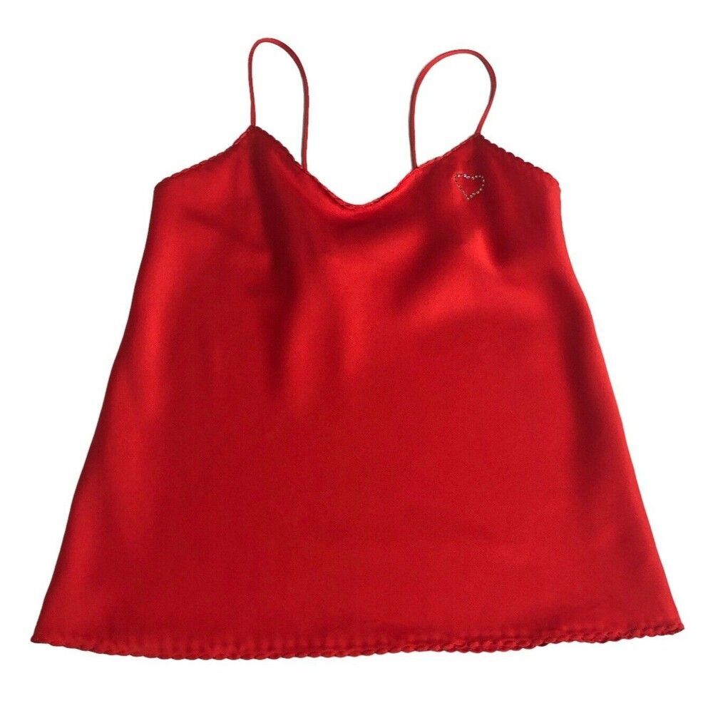 Vintage Vassarette Cami‎ Womens 36 Red Heart Bling Rhinestone Slip Top 90s Y2k